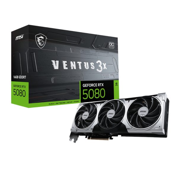 RTX5080VENTUS3XOCPLUS16GB MSI GeForce RTX 5080 16G VENTUS 3X OC PLUS Graphics Card Silver wr 01 1 RTX5080VENTUS3XOCPLUS16GB MSI GeForce RTX 5080 16G VENTUS 3X OC PLUS Graphics Card Silver wr 01 1